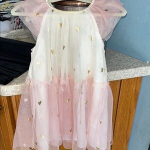 Pink and White Tulle Dress with Gold Hearts